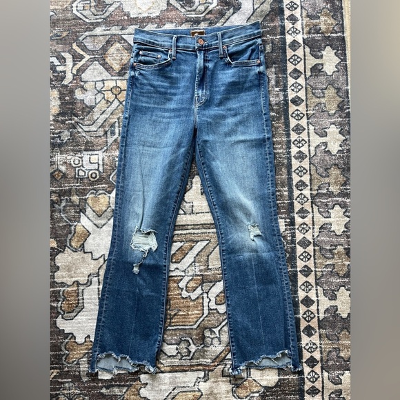 Mother Insider Crop Step Chew Dancing On Coals Jeans Distressed Denim Blue - Picture 2 of 7